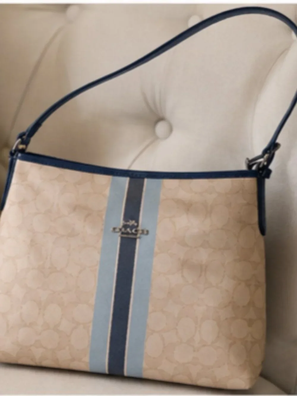 Coach F39041 Signature Shoulder Bag Purse Khaki Navy Blue Canvas Leather Trim